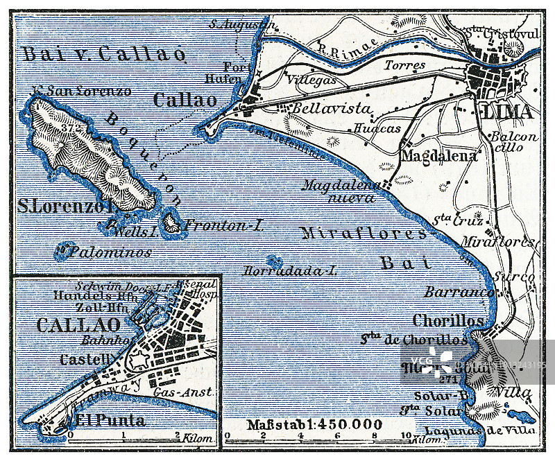 秘鲁首都和最大城市利马的古老雕刻地图，位于奇隆河、里马克河和卢林河的山谷中，位于该国中部沿海地区的沙漠地带，俯瞰太平洋图片素材