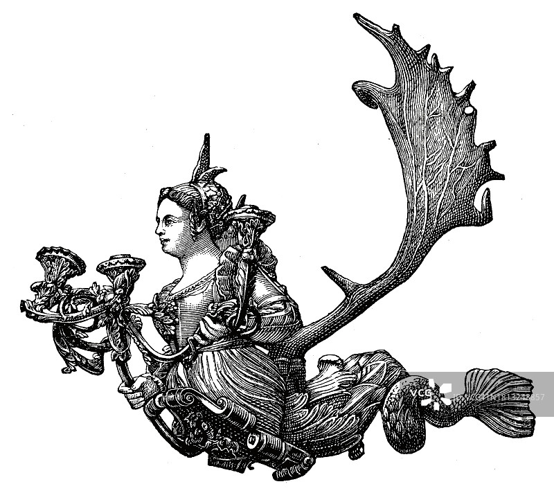 持盾和鹿角的妇女的古老雕刻插图图片素材