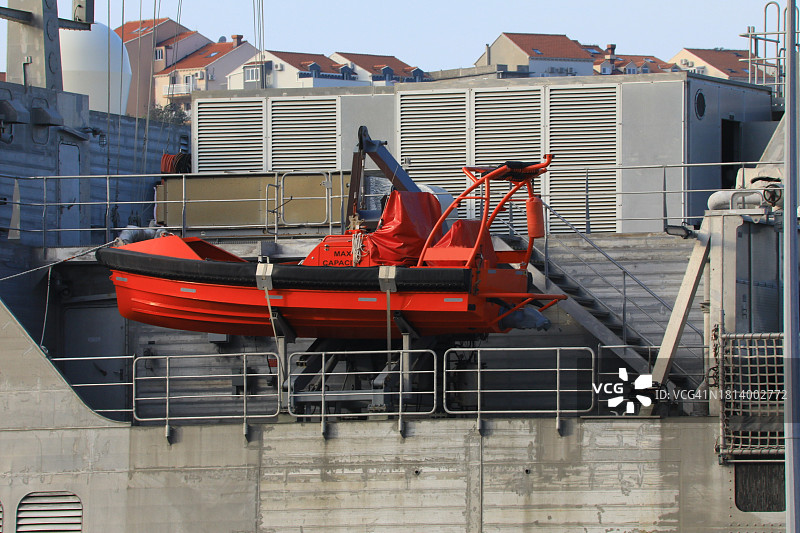 大型军舰上的小型救援艇图片素材