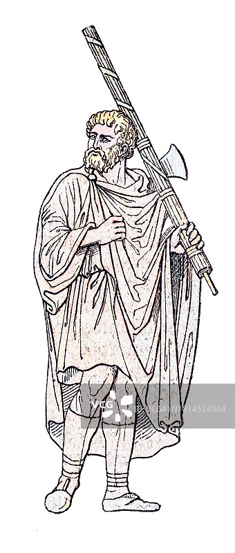 罗马执政官 - 执政官手持束棒（由榆树或桦树制成的棍棒捆，环绕着一把斧头，并用红色丝带捆扎）古老雕刻插图图片素材