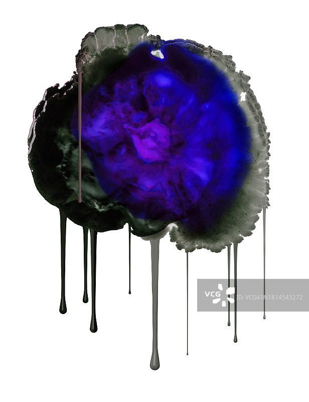 灰色和淡紫色丙烯酸涂料在白色墙壁上飞溅和滴落图片素材