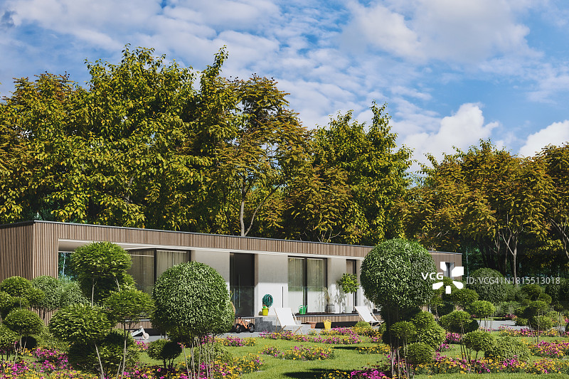 带整洁花园的现代住宅图片素材