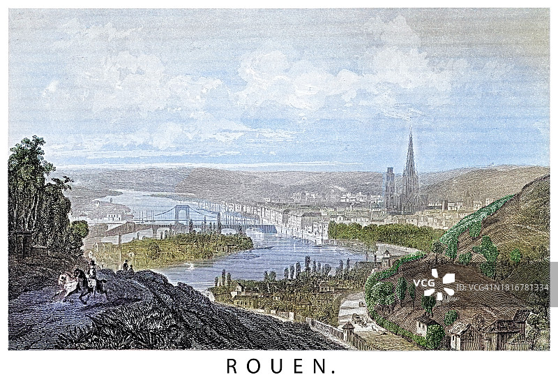 法国北部塞纳河畔城市鲁昂古版画插图图片素材