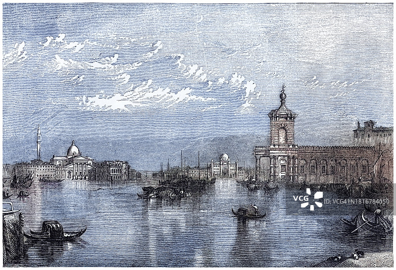 意大利威尼斯大运河风光古老雕刻插图图片素材