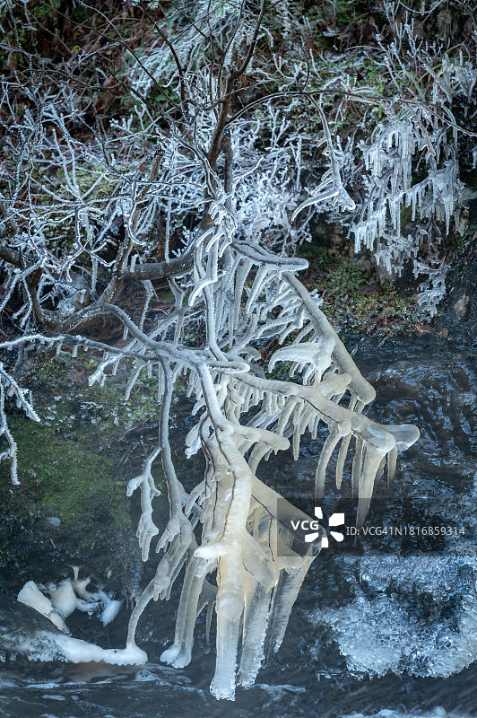 森林中冰冻河流的俯视角度照片图片素材