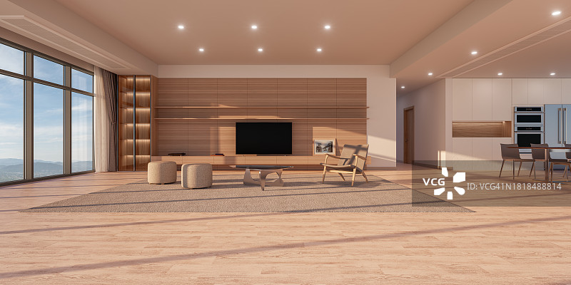 现代化公寓中铺有硬木地板的空客厅图片素材