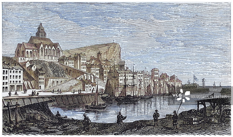 法国诺曼底滨海塞纳省勒特雷波尔镇的老式雕刻插图图片素材