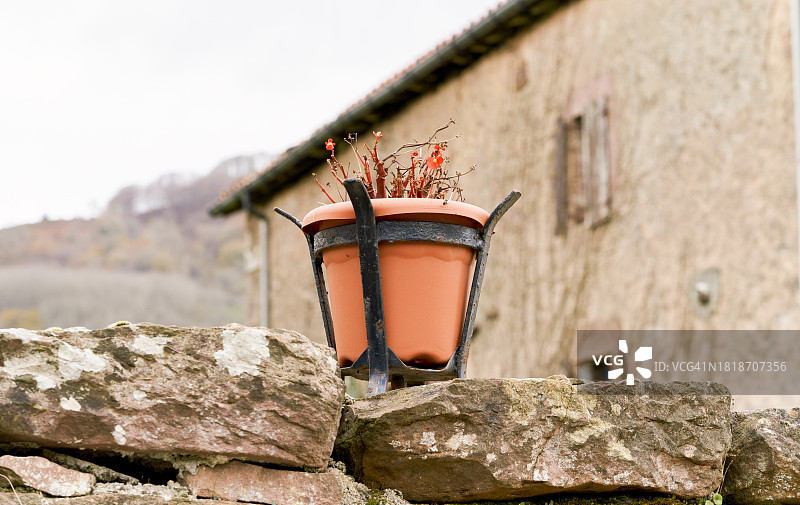 房子外石墙上的陶瓷花瓶正面图（无人）图片素材