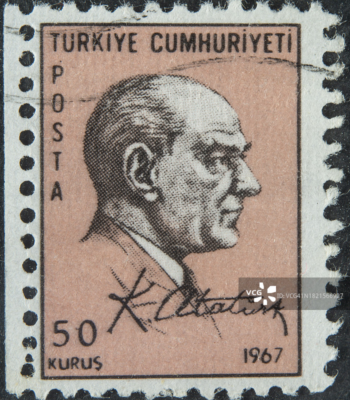 现代土耳其的缔造者凯末尔·阿塔图尔克，1923-1938年首任总统，土耳其邮票肖像图片素材