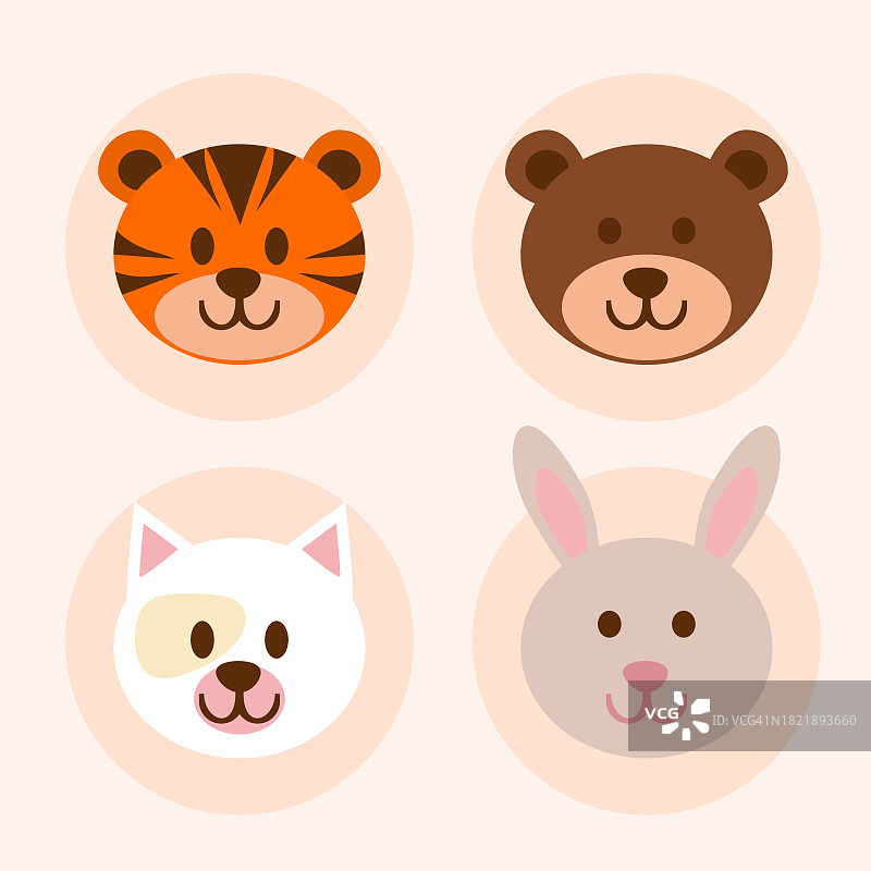 矢量风格的可爱卡通动物面部图片素材