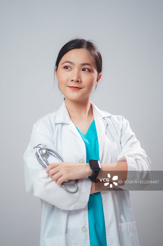 亚洲女医生微笑持听诊器（白色背景）图片素材