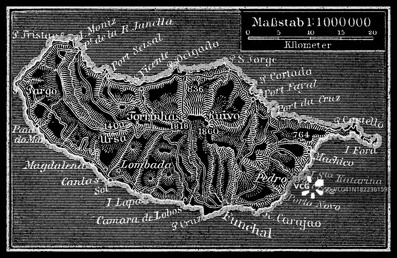 葡萄牙马德拉岛的古老版画地图，是马德拉群岛中最大、人口最多的岛屿图片素材