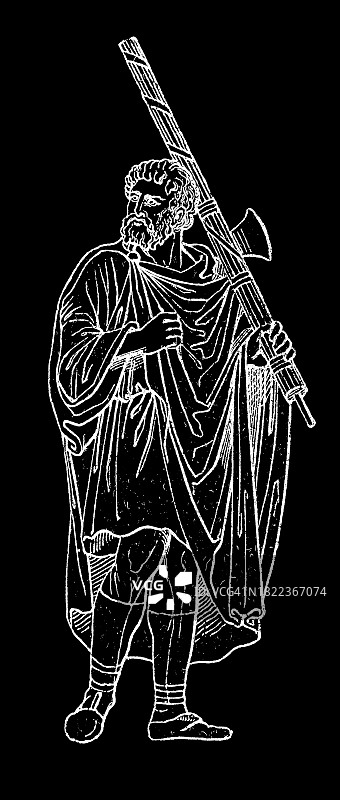 罗马执政官 - 执政官手持束棒（由榆树或桦树制成的棍棒捆，环绕着一把斧头，并用红色丝带捆扎）古老雕刻插图图片素材