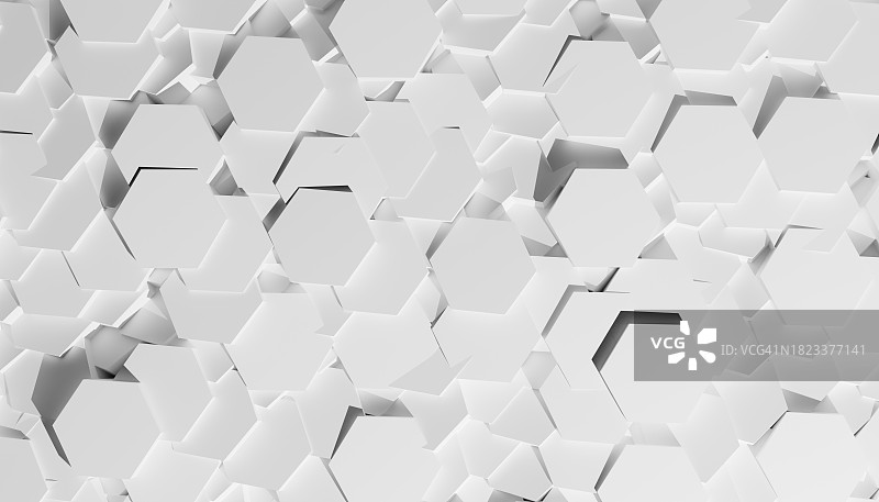 白色背景上六边形几何图形组的三维渲染图像高角度视图图片素材
