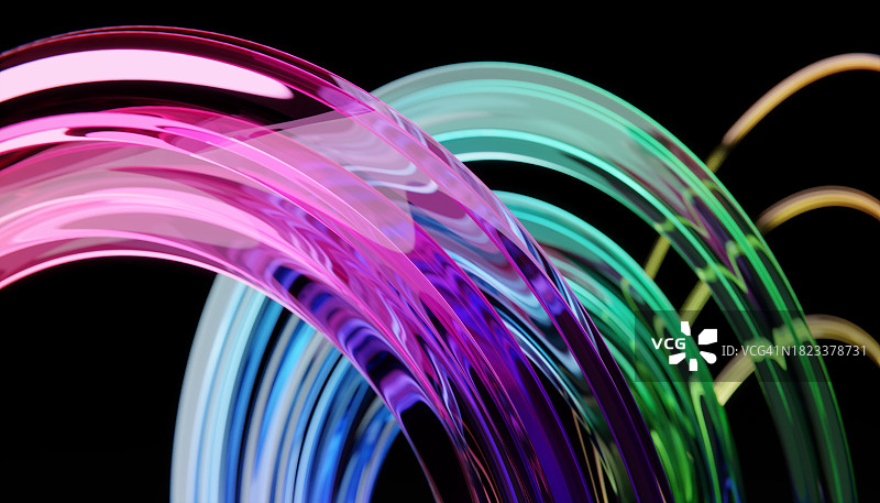 黑色背景中彩色水晶线条波浪的3D渲染图像正面图图片素材