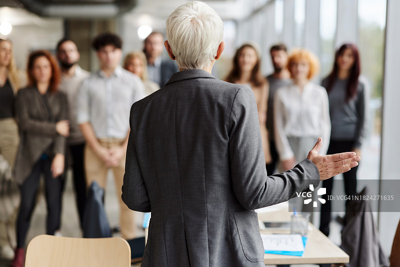 女CEO在办公室与团队交谈的背面图图片素材