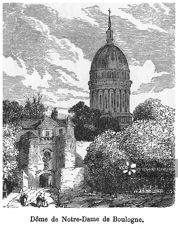 法国滨海布洛涅圣母大教堂古版画图片素材