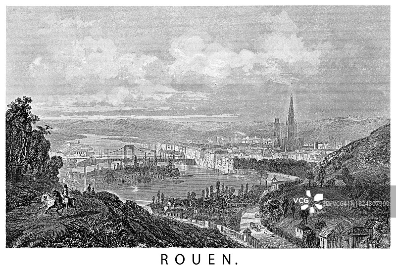 法国北部塞纳河畔城市鲁昂古版画插图图片素材