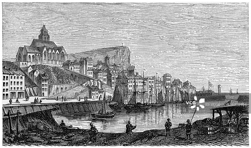 法国诺曼底滨海塞纳省勒特雷波尔镇的老式雕刻插图图片素材