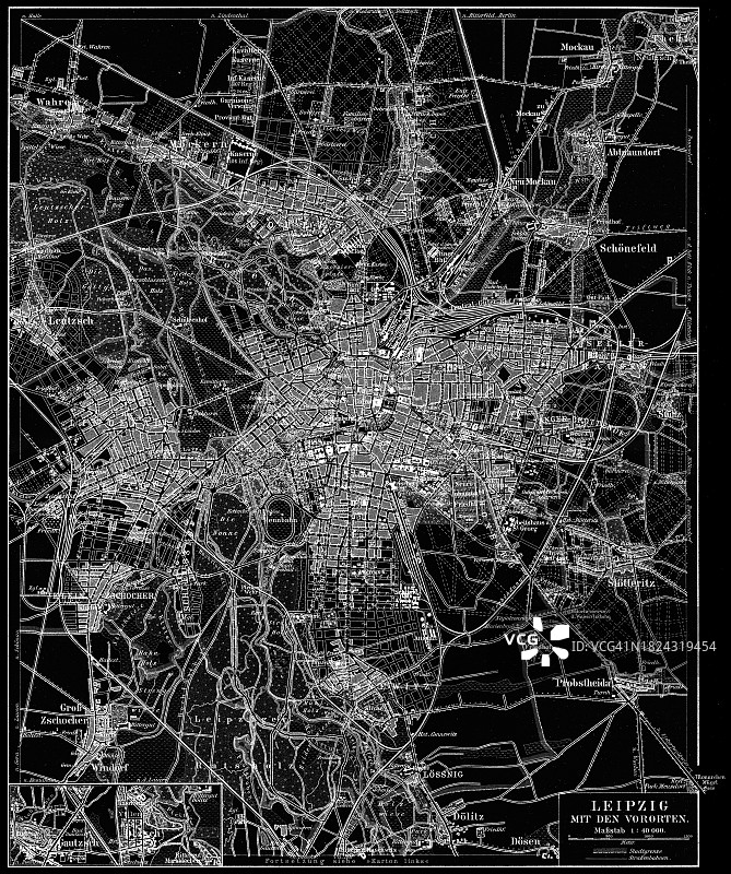 莱比锡及其郊区老式彩色石印地图图片素材