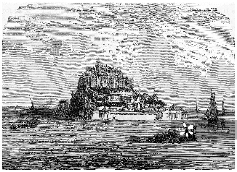 法国芒什省诺曼底圣米歇尔山及其岛屿上的圣米歇尔山修道院古老雕刻插图图片素材