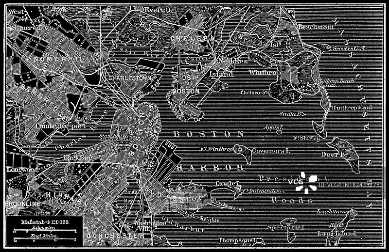 马萨诸塞州波士顿市的古老雕刻地图图片素材