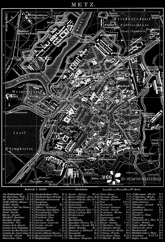 法国东北部城市梅斯古老的彩色石印地图图片素材