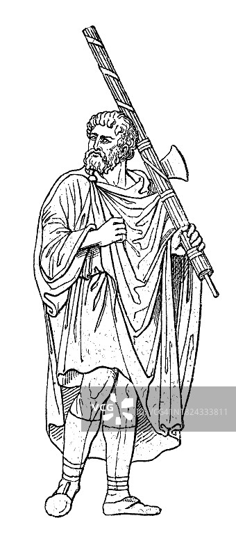 罗马执政官 - 执政官手持束棒（由榆树或桦树制成的棍棒捆，环绕着一把斧头，并用红色丝带捆扎）古老雕刻插图图片素材