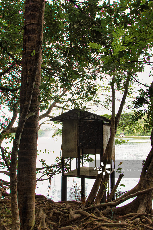 卡奈玛国家公园：丛林酒店水疗，河流形成的泻湖和背景中的特普伊斯巨石山图片素材