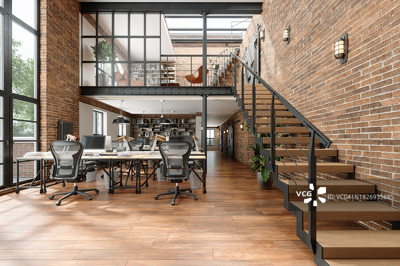 现代Loft办公室：书桌、电脑、办公椅、砖墙与楼上等候室图片素材