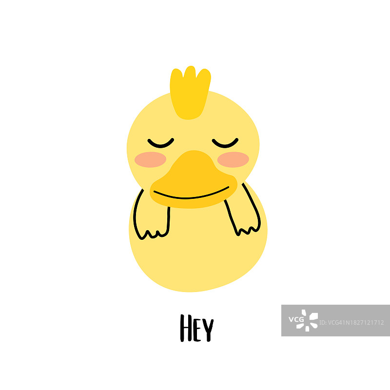 涂鸦风格的可爱黄色斯堪的纳维亚鸭子插画和友好的问候语图片素材