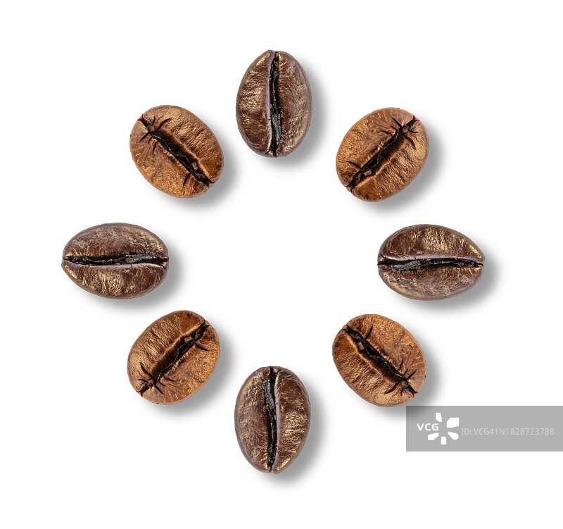 白色背景上呈圆形排列的罗布斯塔咖啡豆，带少量阴影图片素材