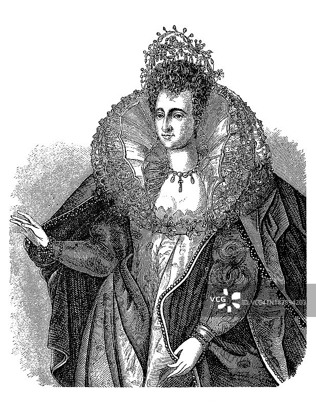 1870年英国女王伊丽莎白一世的版画图片素材