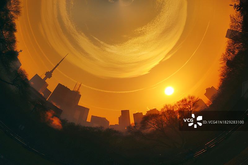 跨维度传送门中的金色日落城市图片素材