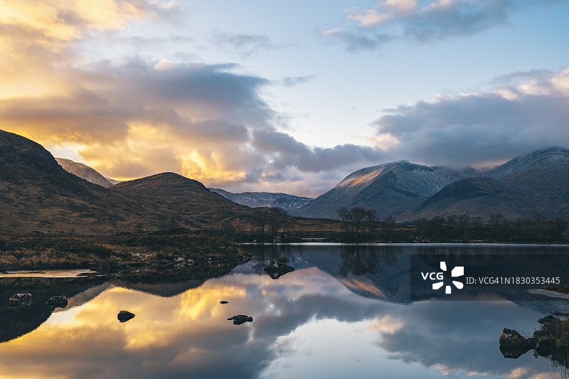 苏格兰高地兰诺克沼泽的湖泊日落景色图片素材