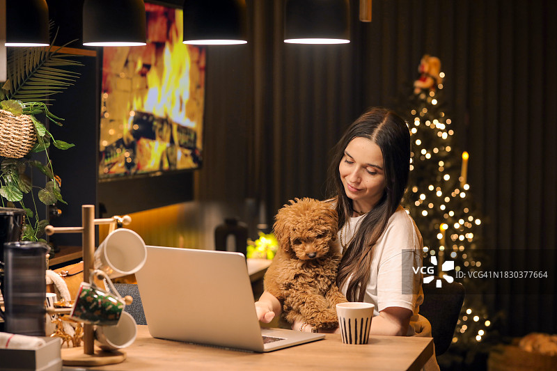 对宠物的爱：年轻女人在家与玩具贵宾犬共度时光图片素材