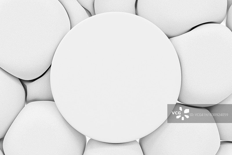 白色单色平台，带文字的基座，用于展示产品和柔软的球体、气泡、水滴背景。抽象图案。几何构图。留白区域。设计元素。图片素材