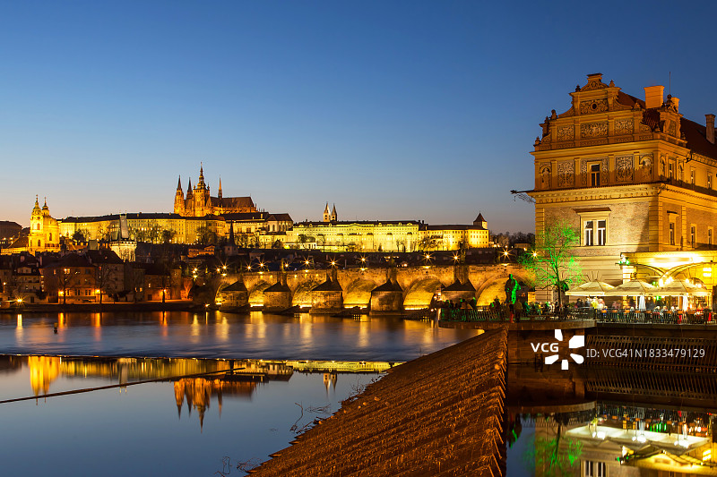 蓝色时刻的布拉格伏尔塔瓦河、查理大桥和城堡（捷克共和国）图片素材