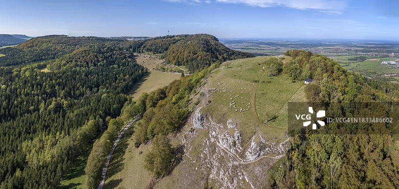 洛兴自然保护区秋景：施瓦本阿尔布的羊群，德国巴林根图片素材