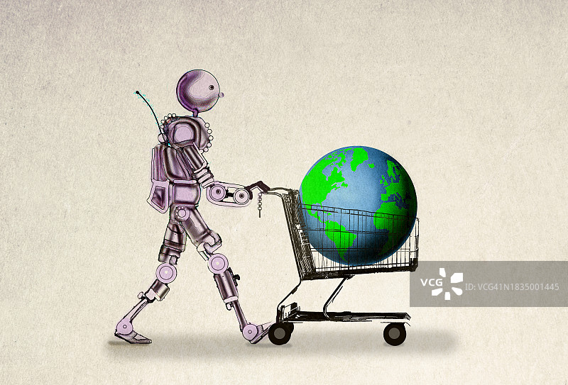 机器人推着装有地球的超市购物车图片素材