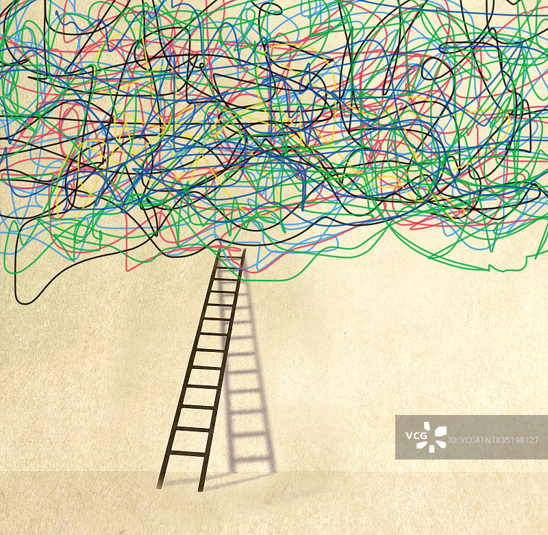 缠绕的电线下，靠在墙上的梯子图片素材