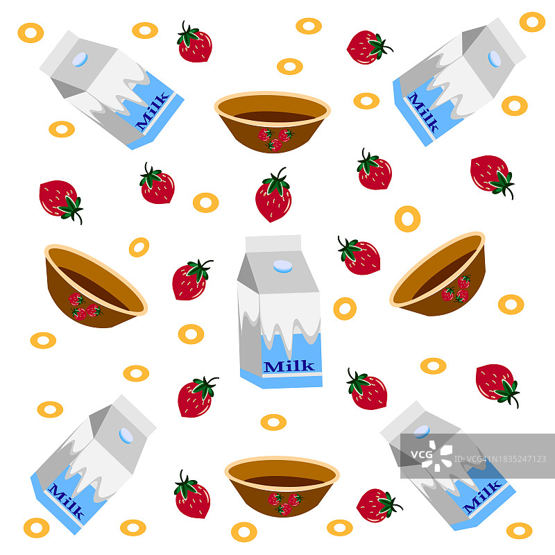 牛奶、草莓、碗和燕麦散落在白色背景上图片素材