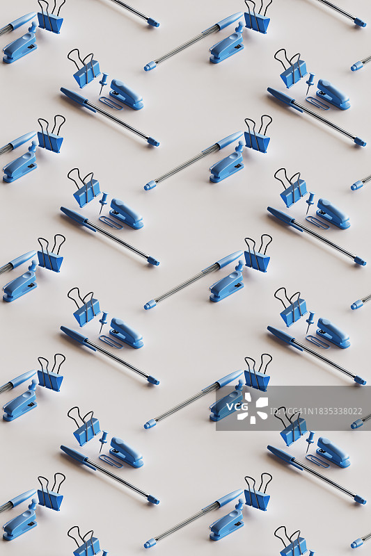 漂浮在白色背景上的蓝色办公用品3D图案图片素材