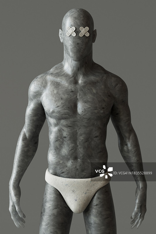 肌肉发达的人体模型，眼睛上贴着创可贴，穿着内衣，站在灰色背景前图片素材