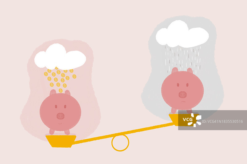 粉色背景下，云朵中装满金币的储蓄罐在秤上图片素材