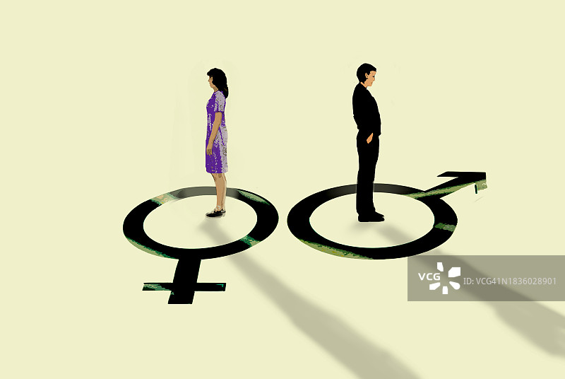 男人和女人站在性别标志旁，面朝相反方向图片素材