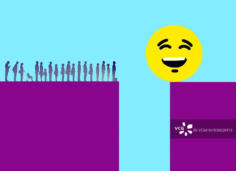 人们越过陡峭的鸿沟观看超大笑脸图片素材