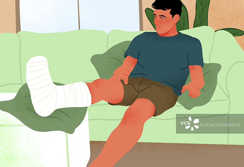 腿上打着石膏的男人，插画图片素材