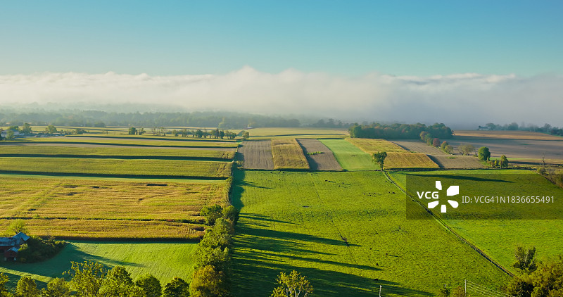 宾夕法尼亚州莱科明县雾蒙蒙的秋日农田航拍图片素材