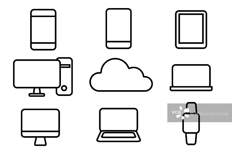 计算机、智能手机、笔记本电脑和平板电脑表情符号卡通风格合集图片素材